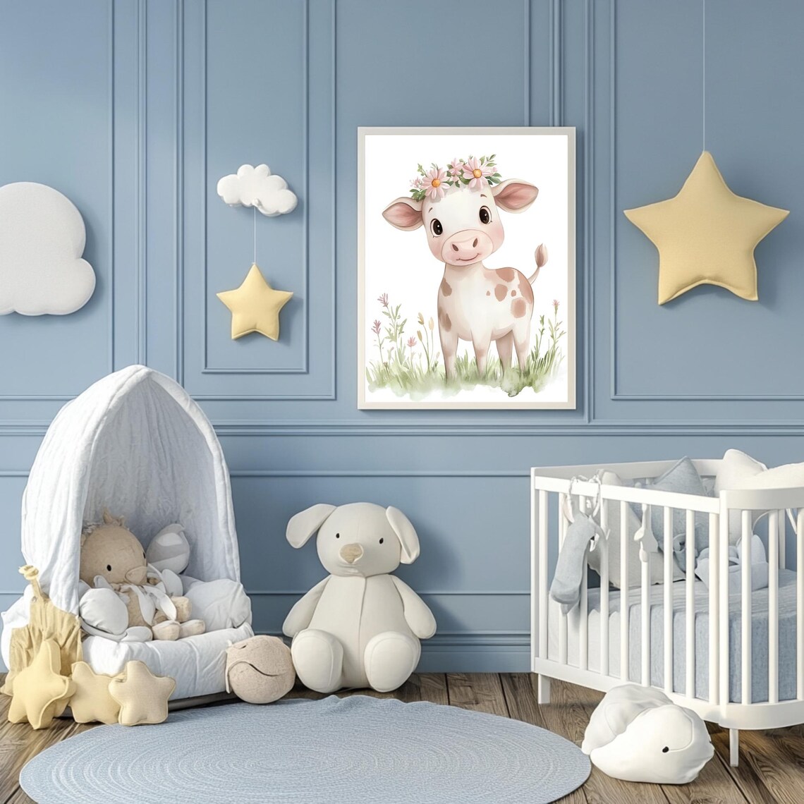 Baby Cow Wearing Daisy Flower Crown in Meadow Nursery Poster - Image 3