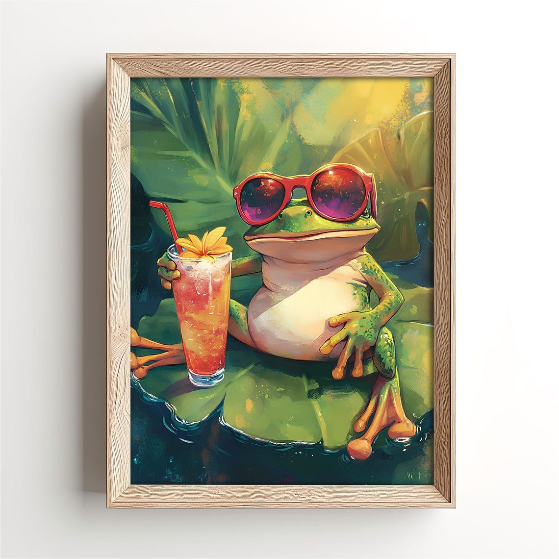 Funny Frog Red Sunglasses Sipping Tropical Cocktail Lily Pad Poster