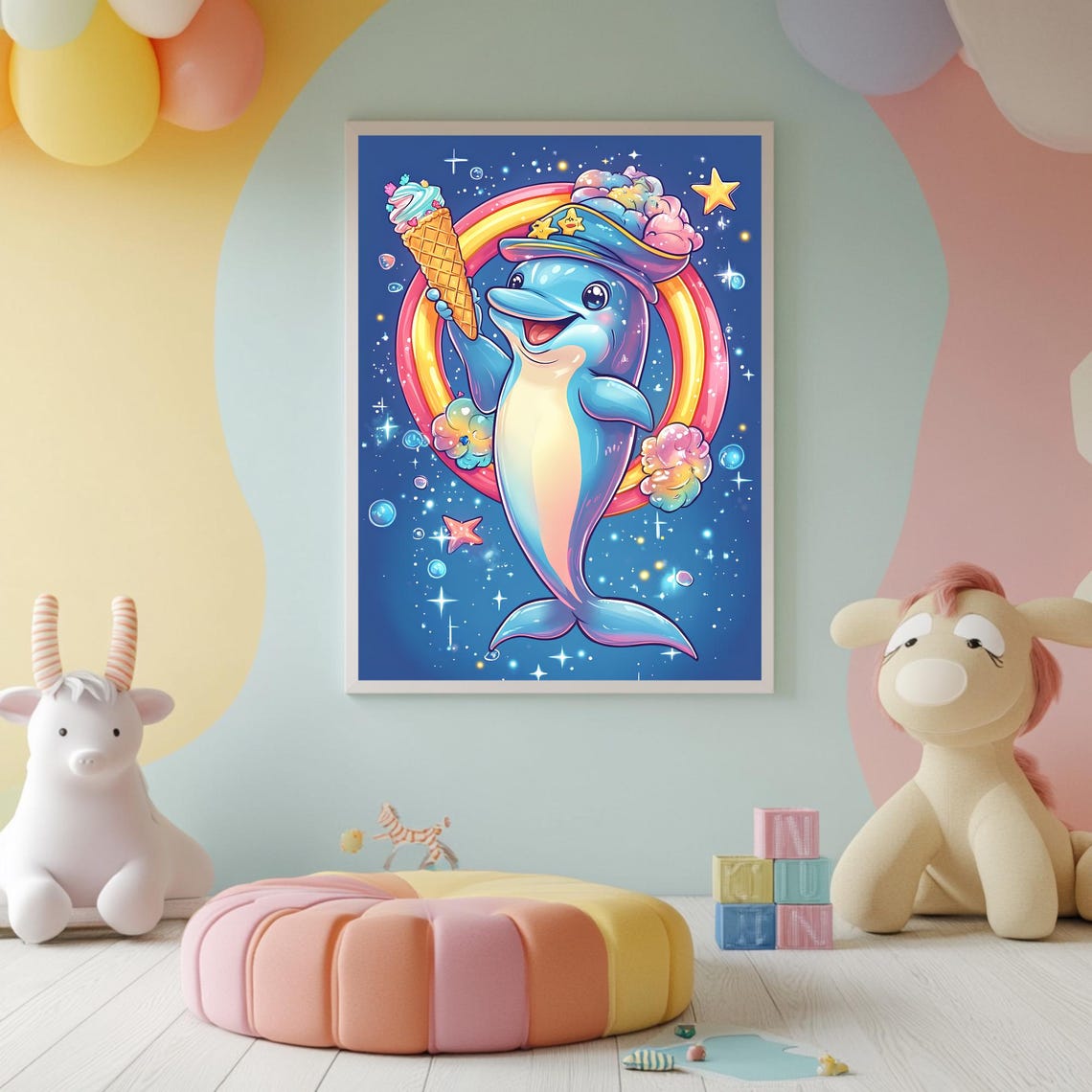 Happy Dolphin Holding Ice Cream Cone Under a Rainbow Night Poster - Image 2