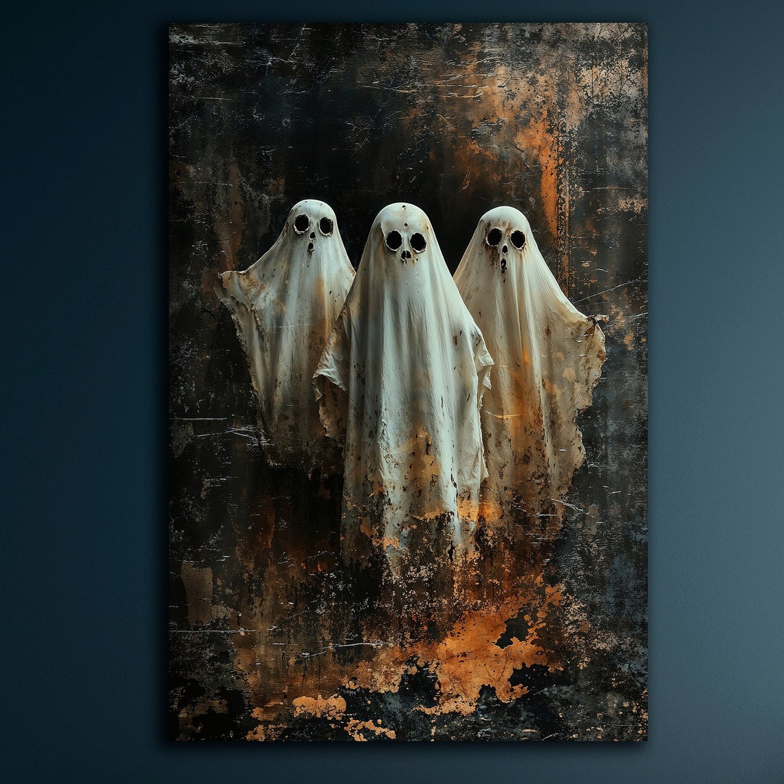 Spooky Trio Of Sheet Ghosts Dark Haunted Forest Halloween Poster