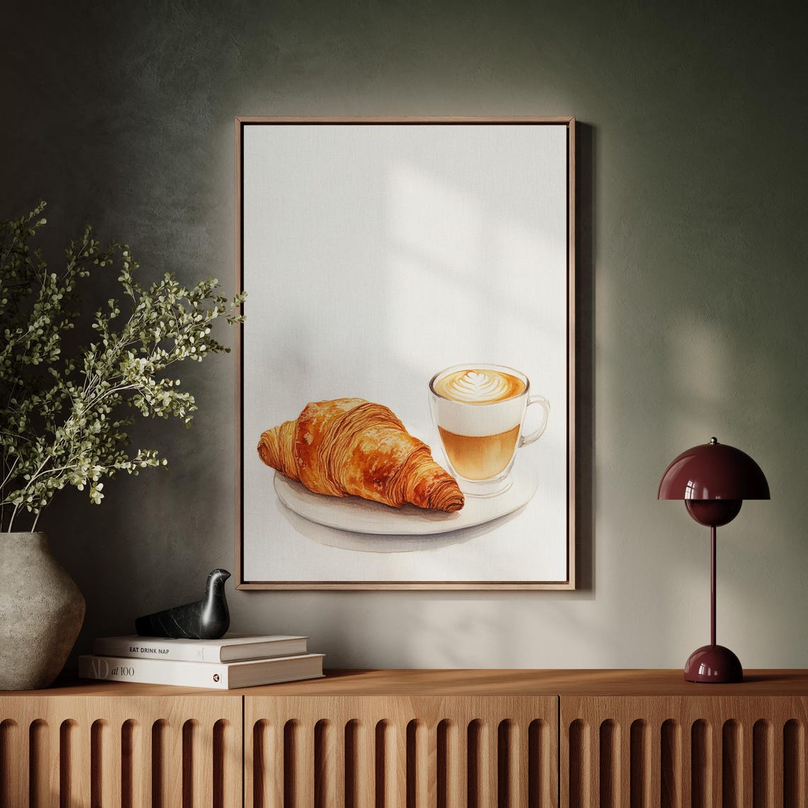Croissant And Latte With Heart Foam Art Watercolor Breakfast Poster - Image 5