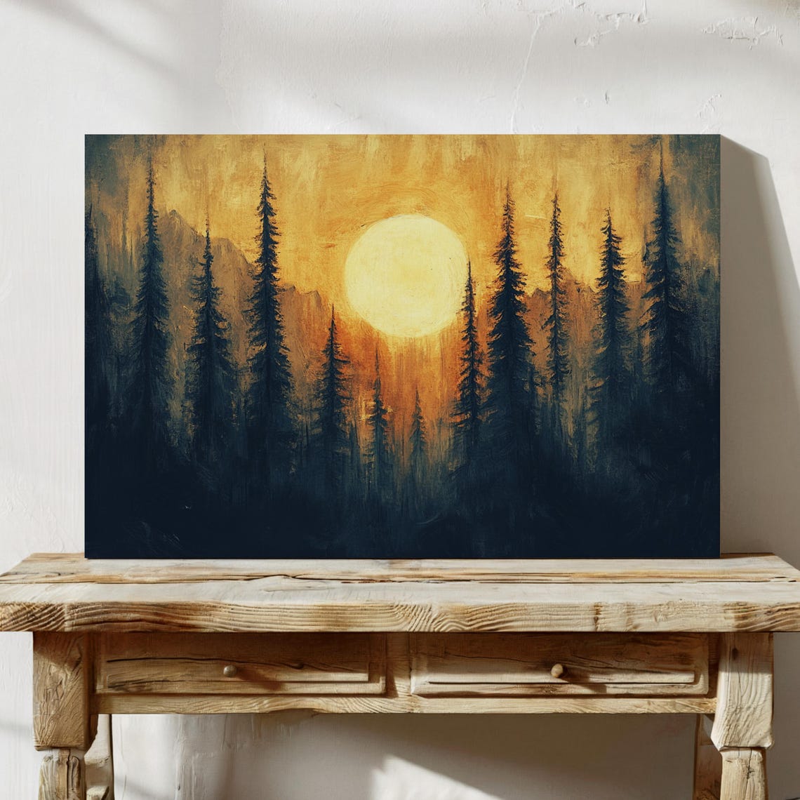 Golden Sunset Forest Painting Moody Pine Tree Wall Art Rustic Mountain Print Warm Nature Decor Scenic Landscape Artwork - Image 2