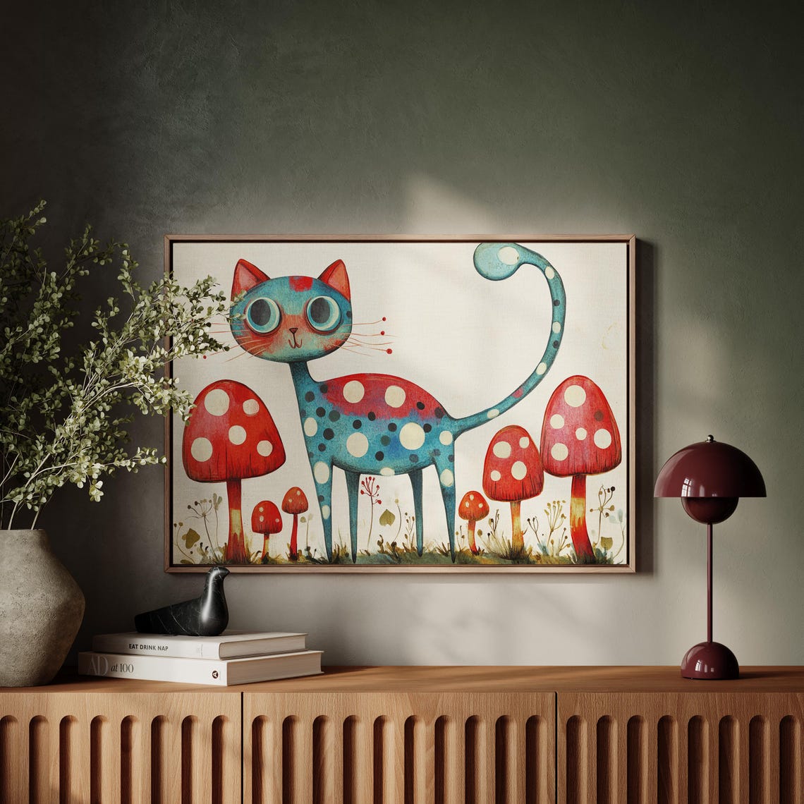 Quirky Polka Dot Blue Cat Among Red Mushrooms Whimsical Animal Poster - Image 2