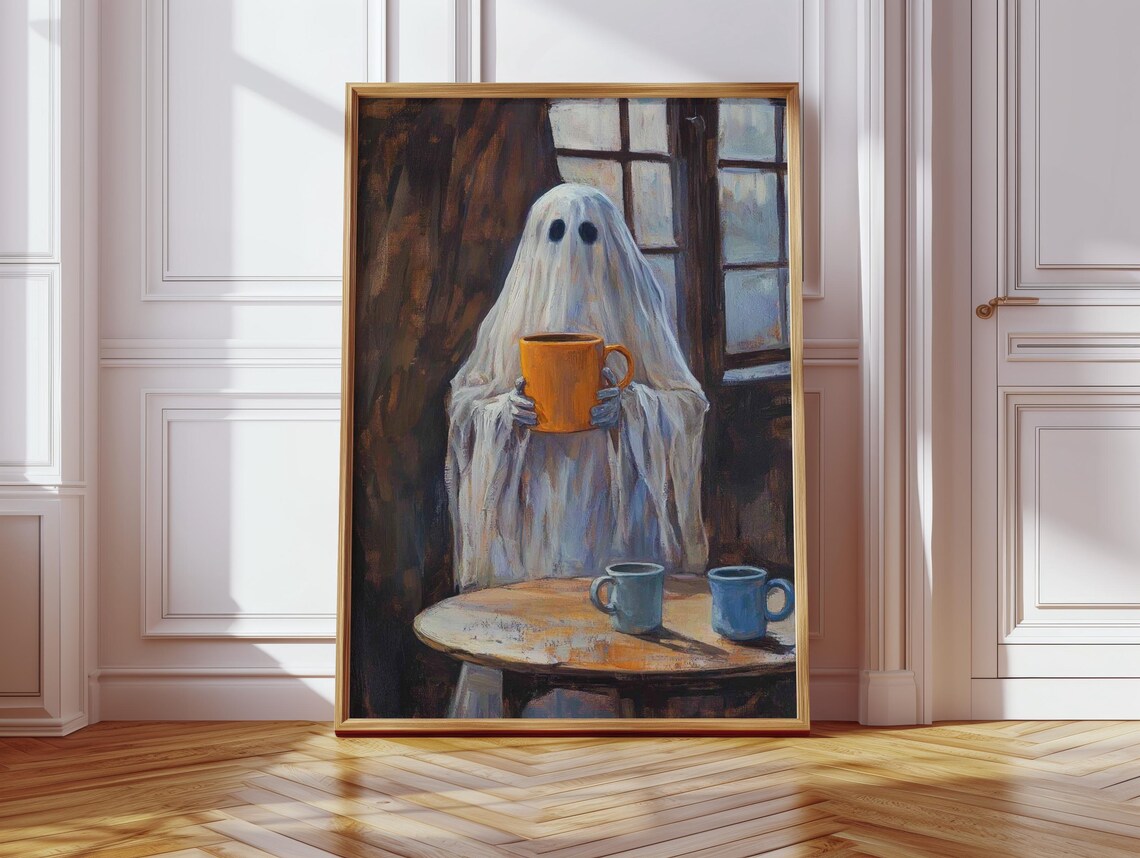Ghost With Big Coffee Mug, Funny Kitchen Art