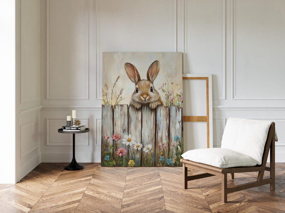 Cute Bunny and Wildflowers, Rustic Spring Rabbit Art Print - Image 3