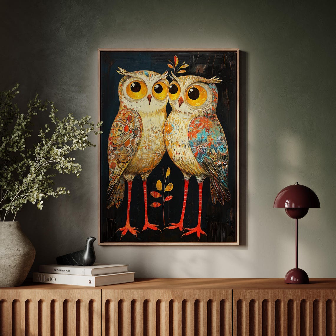 Whimsical Owl Pair Artwork Intricate Floral Patterns And Bold Colors On A Dark Background - Image 2