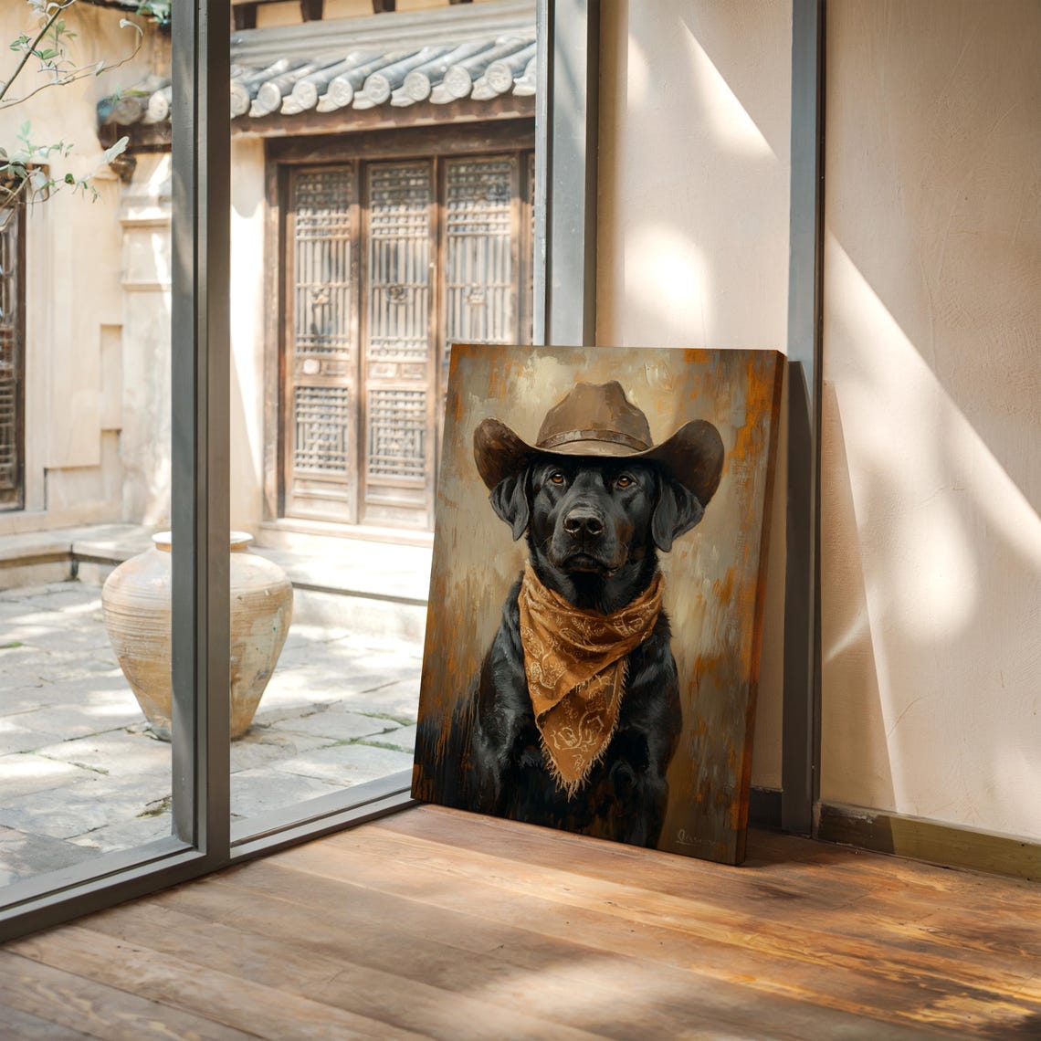 Western Black Lab Cowboy Dog Portrait, Rustic Farmhouse - Image 4