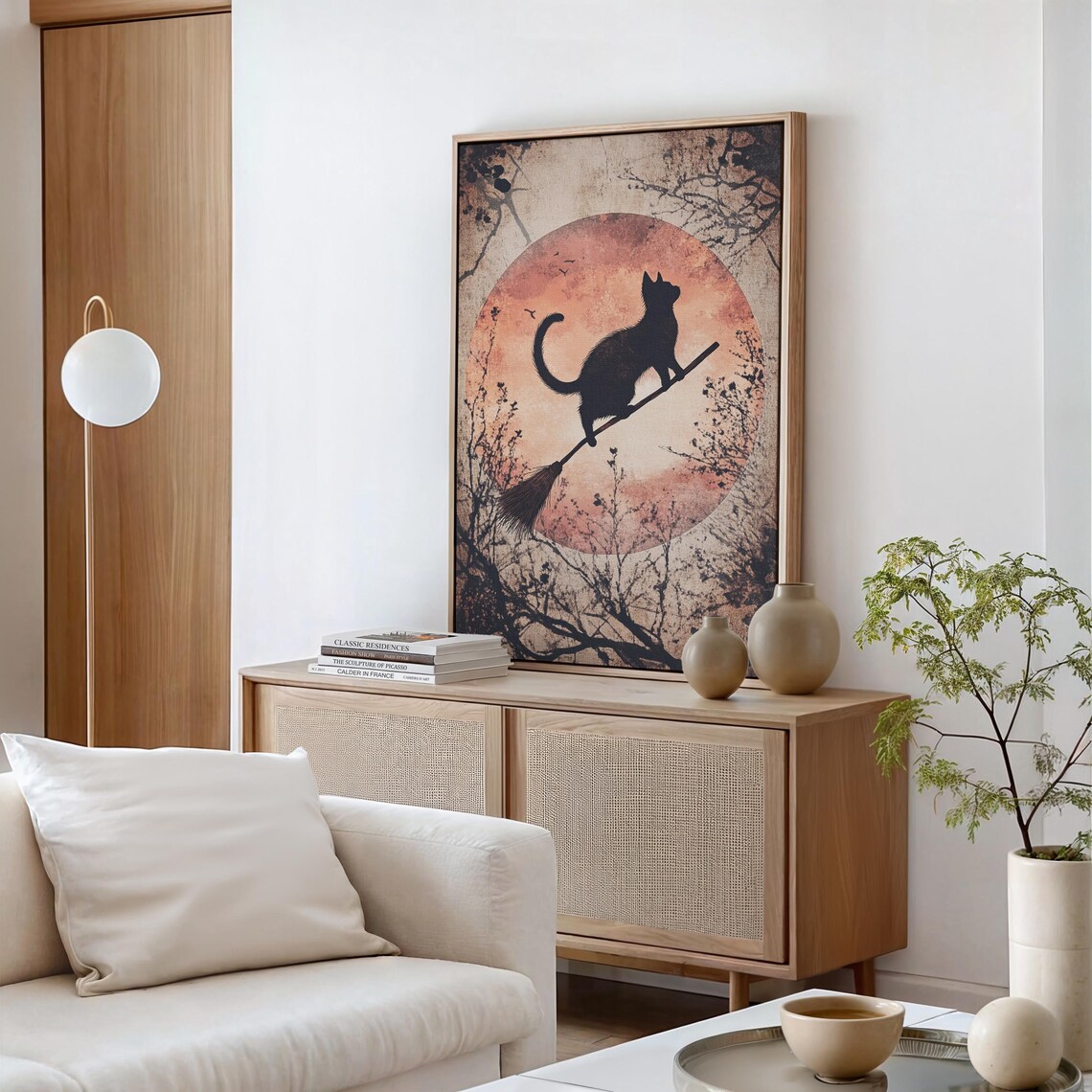 Black Cat Silhouette on Broomstick Orange Moon Vintage Halloween Wall Art - Image 3