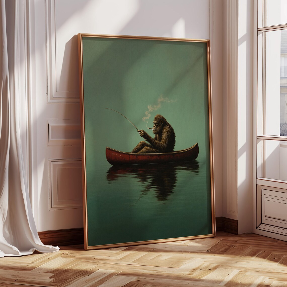 Fishing Ape Art Print, Surreal Moody Lake Scene - Image 3