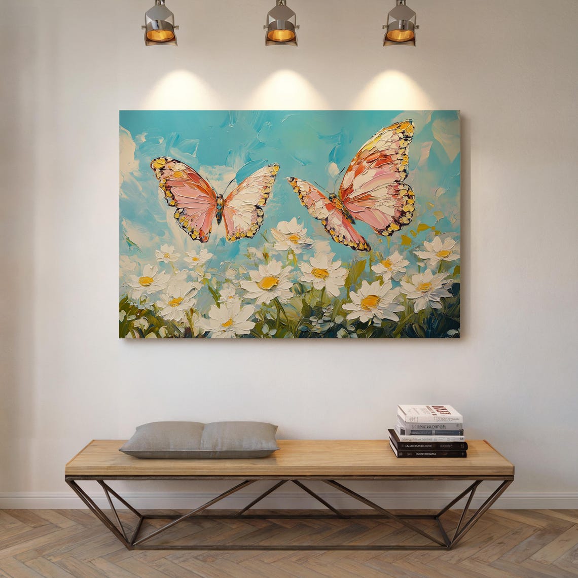 Vibrant Butterflies Fluttering Above Daisies In A Textured Painting Style Against A Bright Blue Sky - Image 3