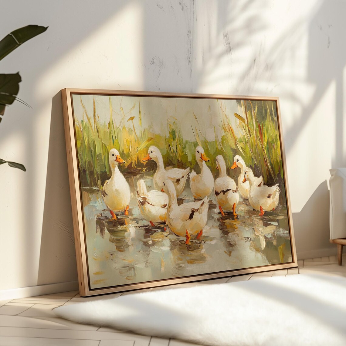 White Duck Pond Painting, Peaceful Farm Animal - Image 4