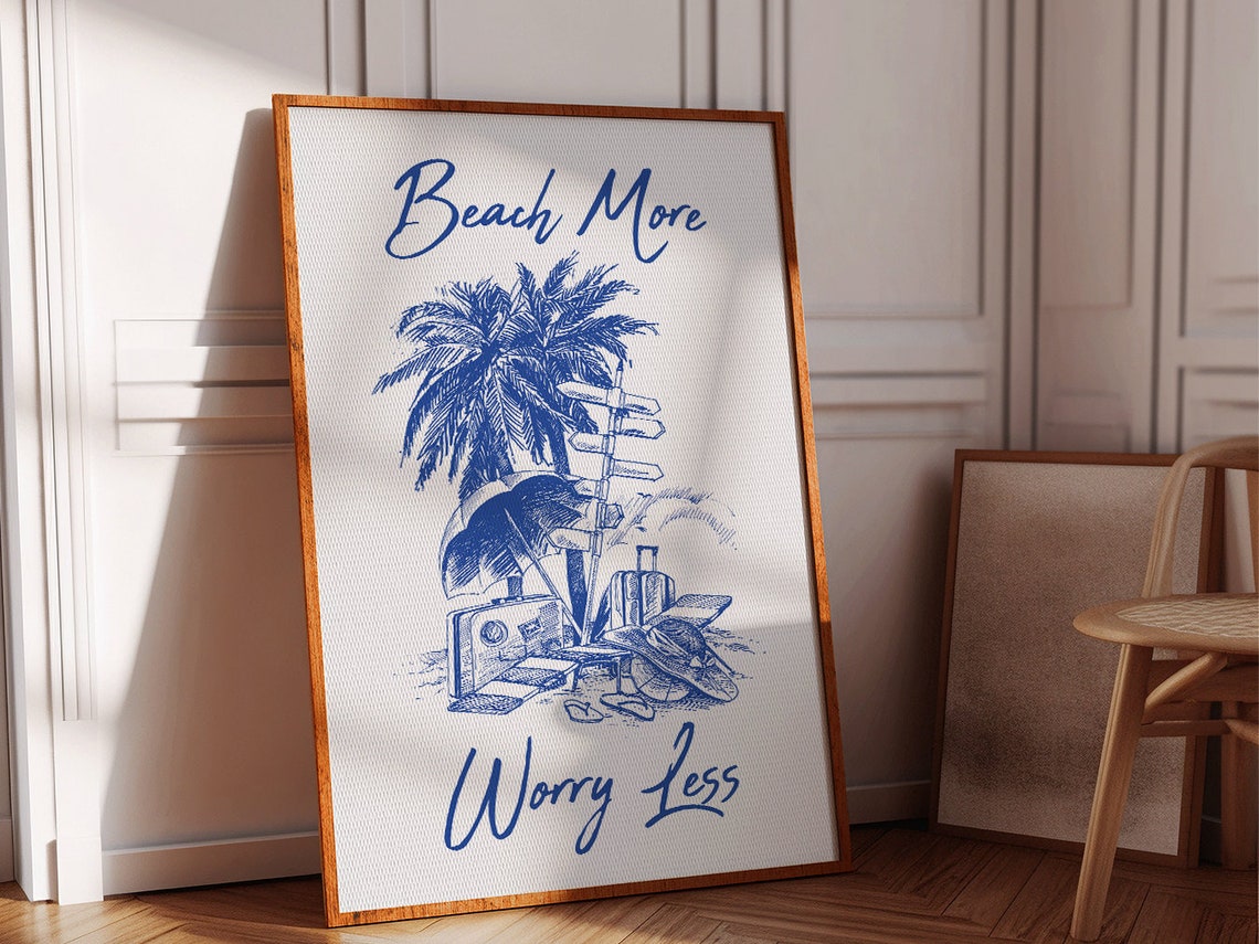 Beach More Worry Less Blue Palm Tree Coastal Quote Wall Poster - Image 2