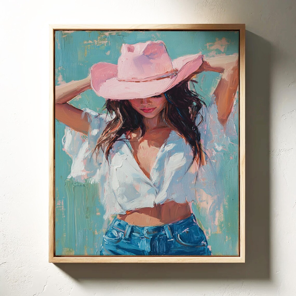 Cowgirl Pink Hat White Blouse Denim Western Oil Painting Wall Art - Image 3