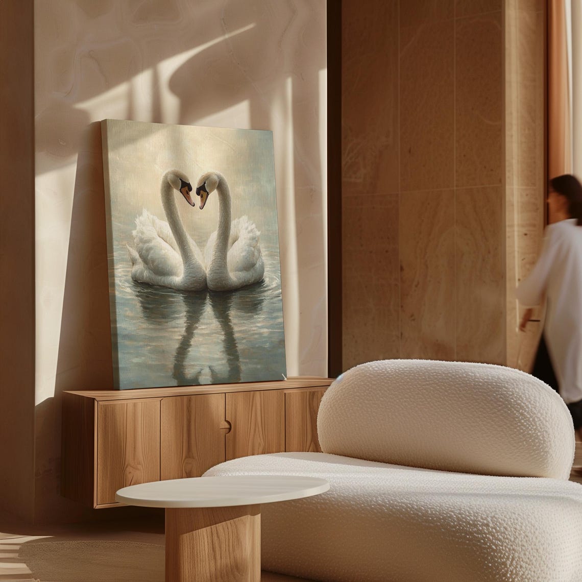 Elegant White Swans Forming Heart Golden Light Romantic Love Print - Image 3