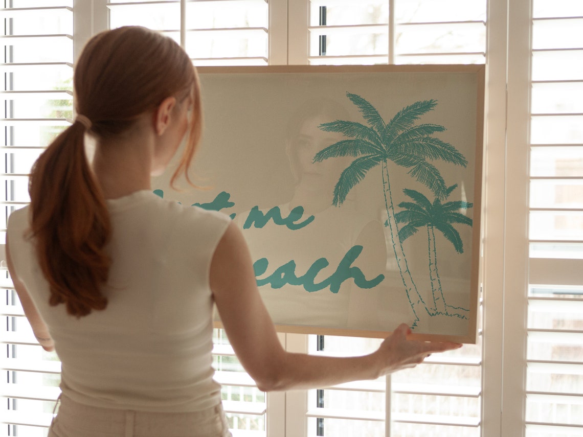 Meet Me At The Beach Palm Trees Turquoise Script Coastal Wall Art - Image 4