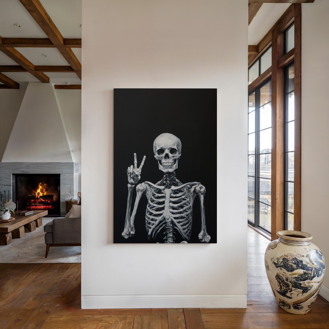 Grinning Skeleton With Peace Sign, Gothic Art - Image 2