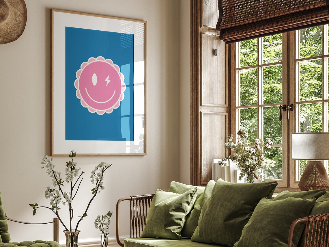 Pink Winking Smiley Face On Bold Blue Groovy Preppy Room Wall Art - Image 2