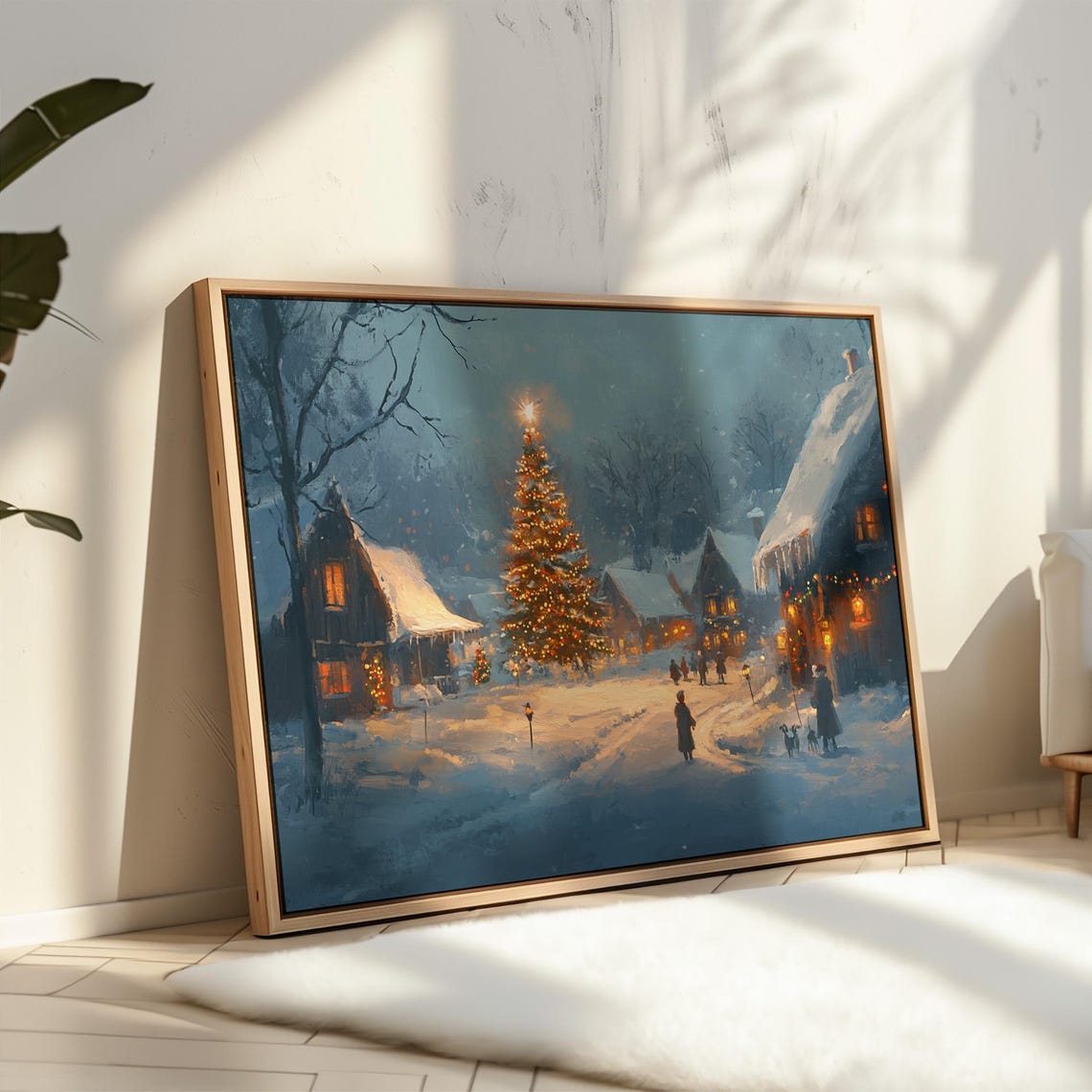 Cozy Christmas Village Snowy Night Glowing Tree Festive Holiday Poster