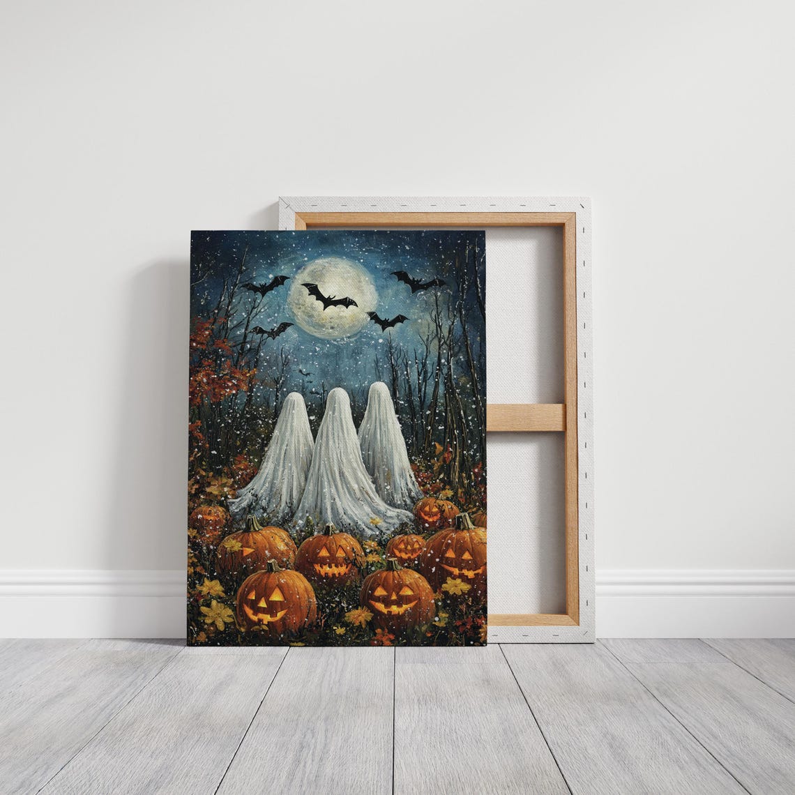 Ghost Trio Under Full Moon Pumpkin Patch Halloween Art Poster - Image 3