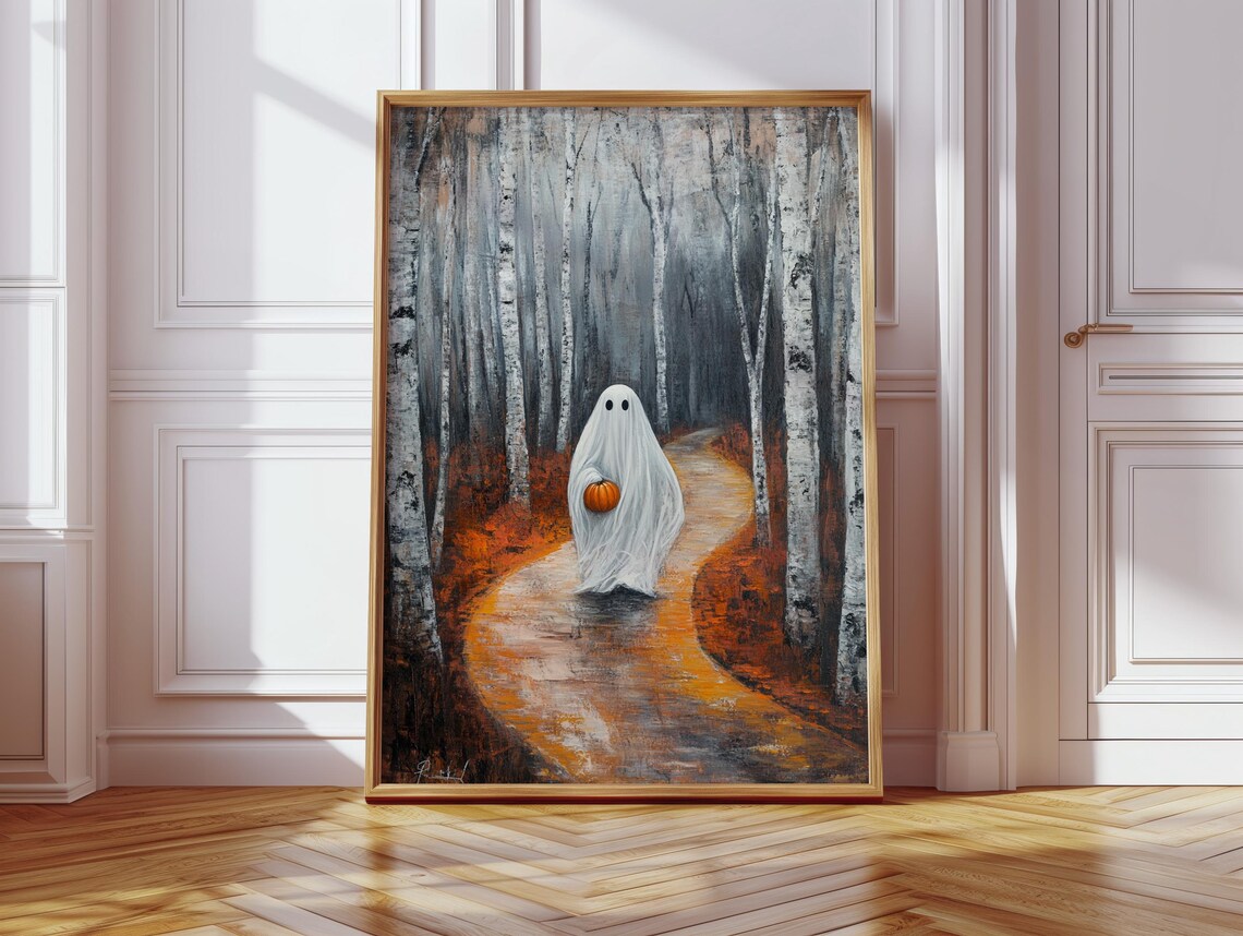 Ghost With Pumpkin, Birch Forest Autumn Halloween Print