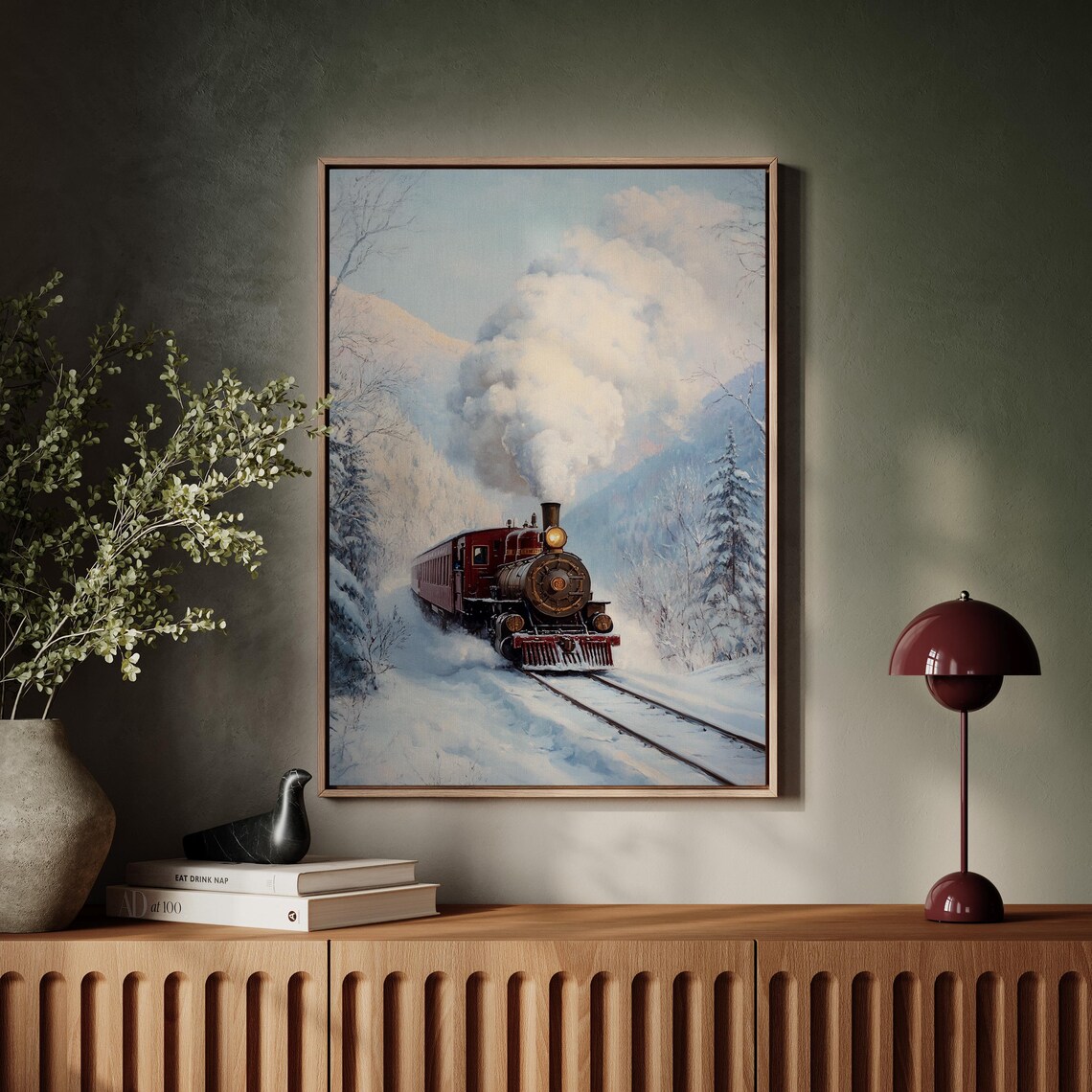 Red Steam Locomotive Winter Snowy Pine Valley Vintage Train Wall Art - Image 5