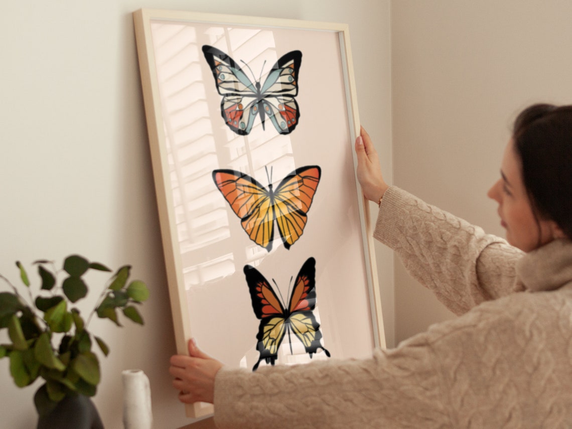 Three Butterfly Stack Orange Retro Boho Minimalist Wall Art Poster - Image 2