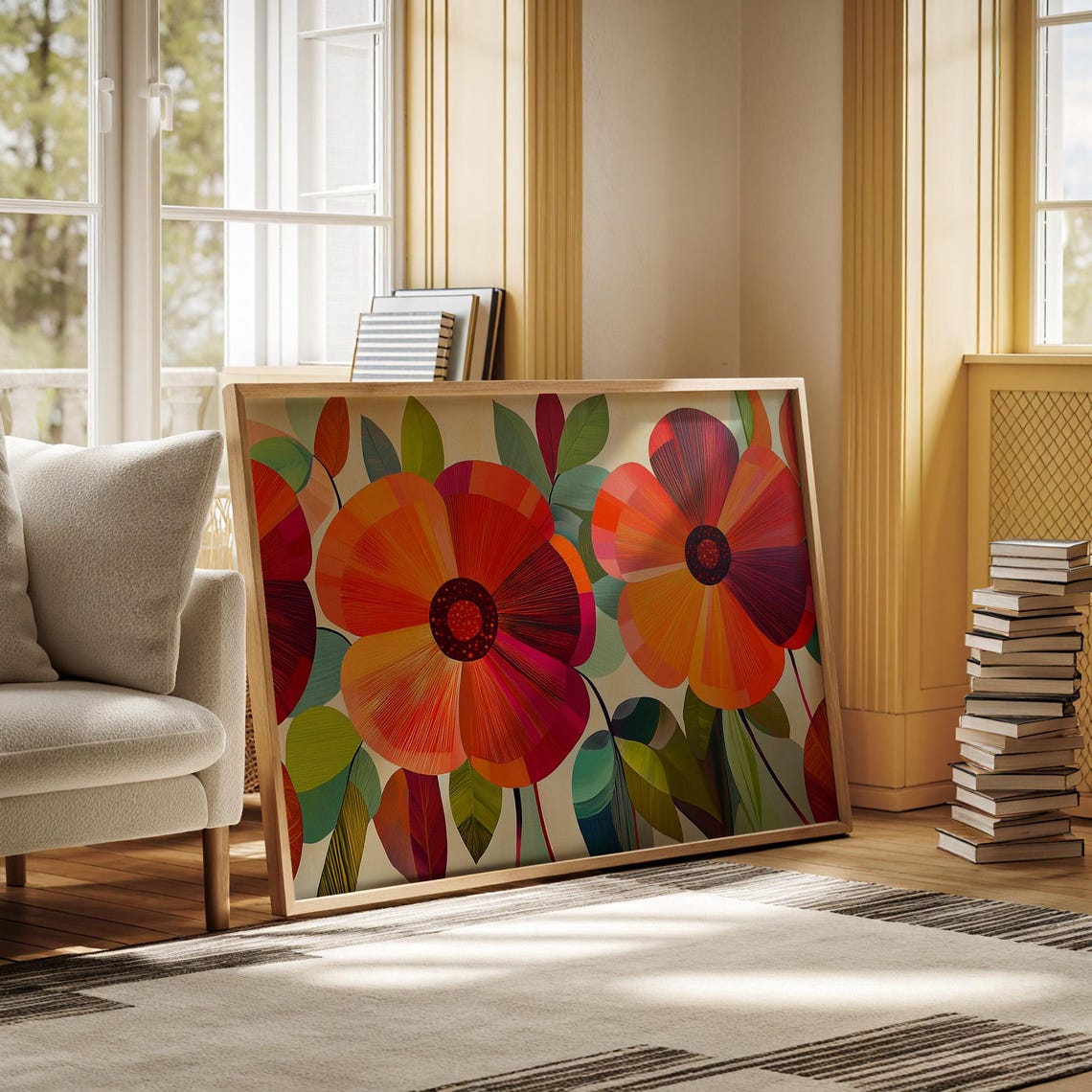Bold Floral Artwork Featuring Vibrant Red And Orange Flowers With Intricate Patterns And Lush Green Leaves In A Modern Dynamic Style - Image 3