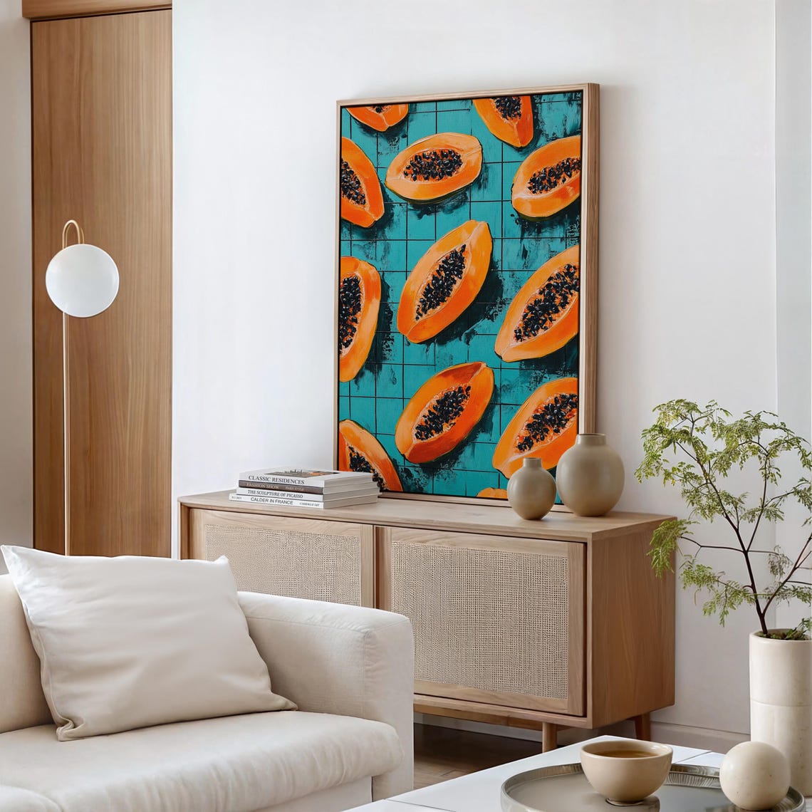 Vibrant Papaya Halves Against A Textured Teal Background In Bold Tropical Art Style - Image 3