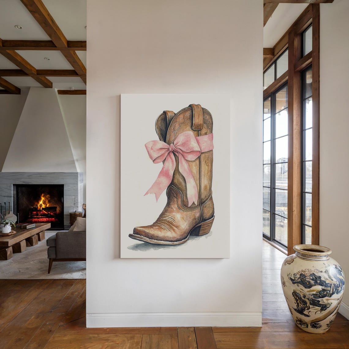 Rustic Watercolor Cowboy Boot With Pink Bow Western Inspired Artwork For Country Home Decor And Charming Gift Ideas - Image 5