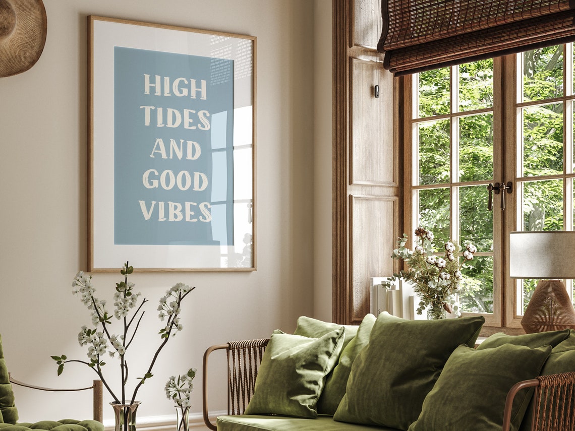 High Tides And Good Vibes Blue Beach Quote Sign Coastal Wall Art Print - Image 4