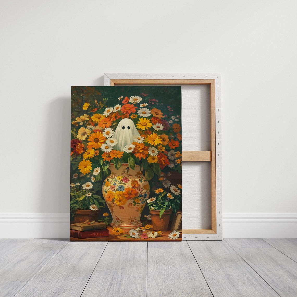 Ghost In Autumn Flower Vase Playful Halloween Floral Wall Art - Image 5