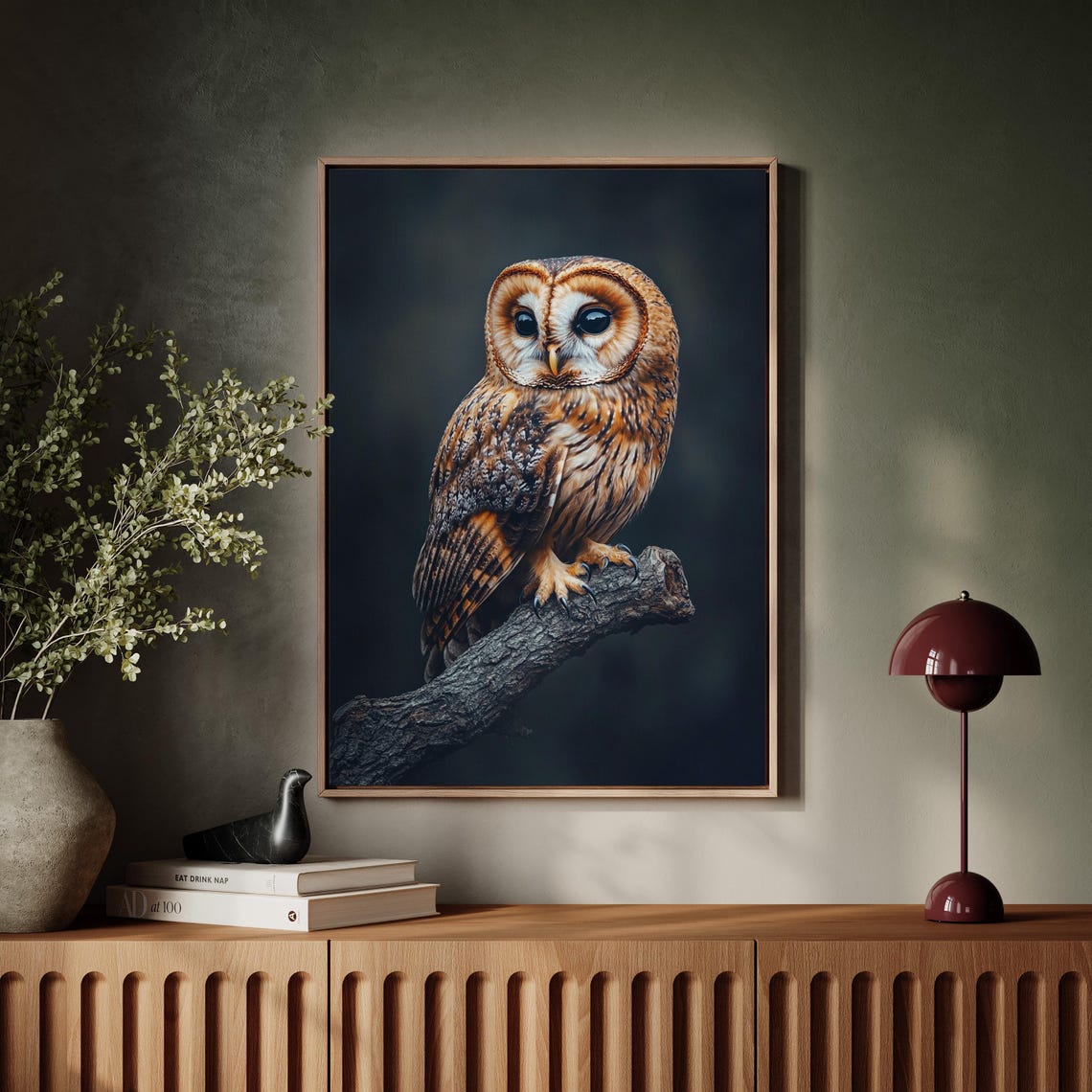 Tawny Owl Portrait on Branch Dark Moody Wildlife Wall Art Poster - Image 5