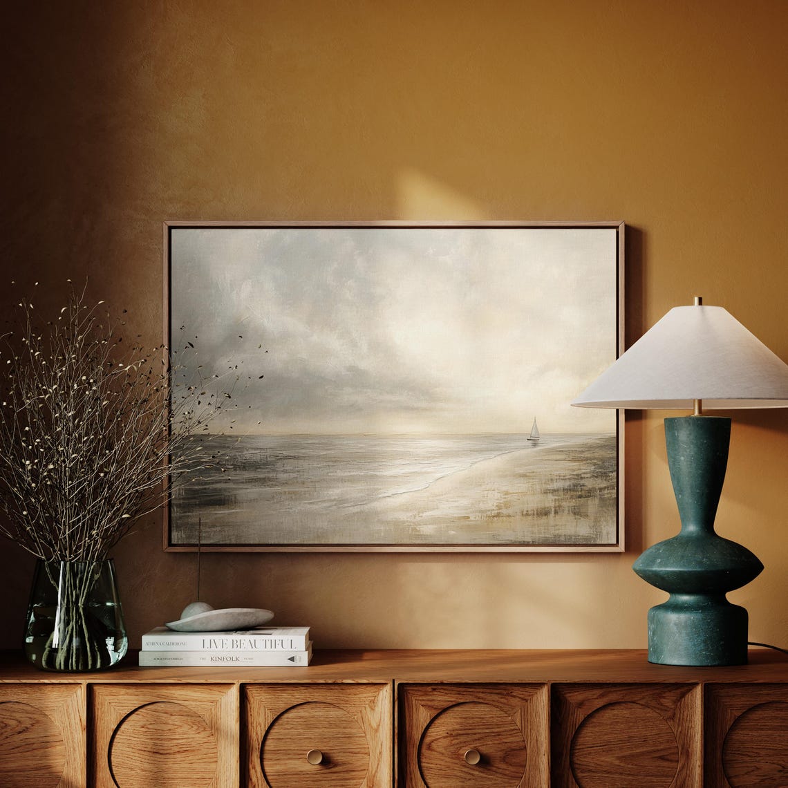 Tiny Sailboat On Vast Hazy Sea Minimalist Atmospheric Coastal Poster - Image 5