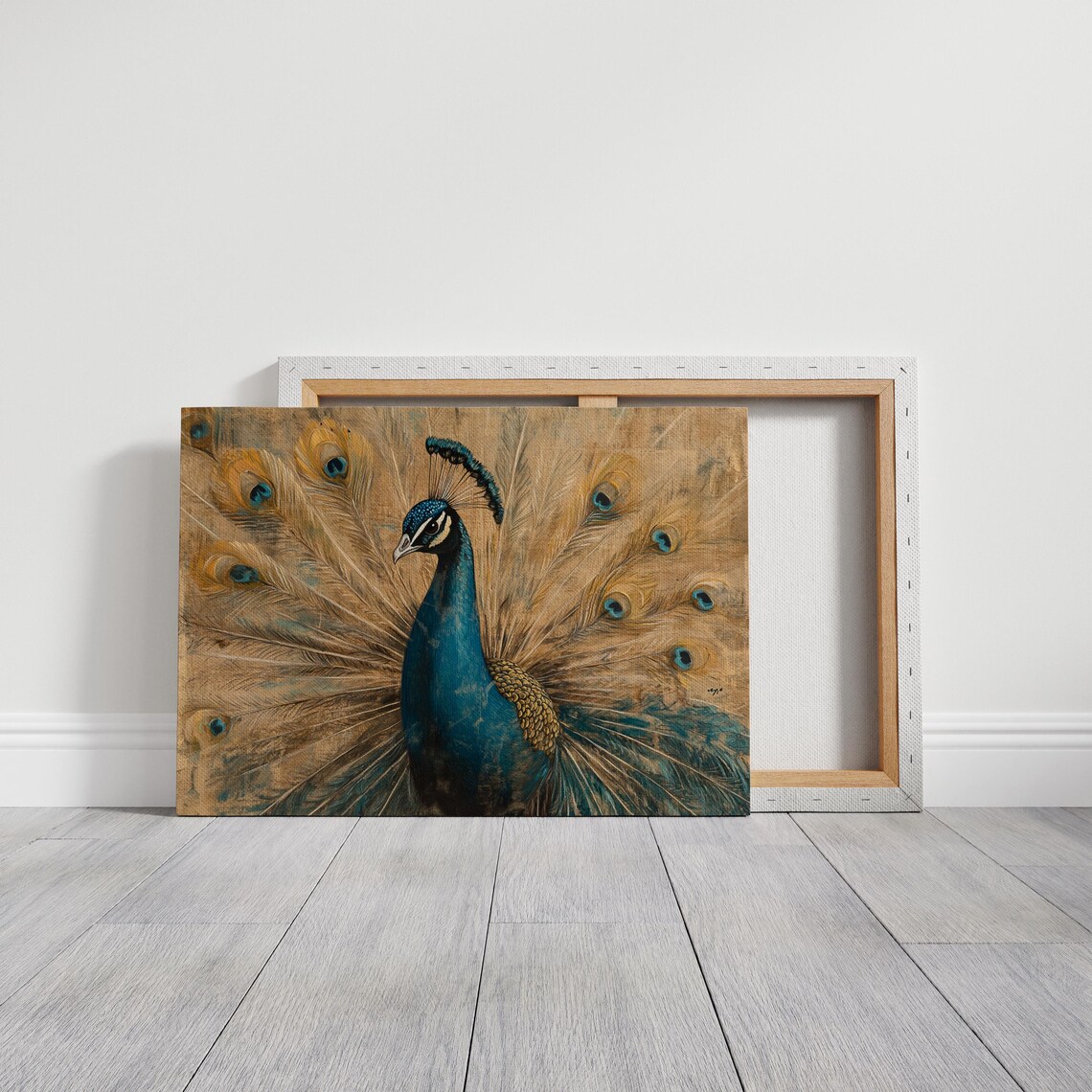 Vintage Peacock With Fanned Tail Teal Gold Elegant Bird Wall Art - Image 2