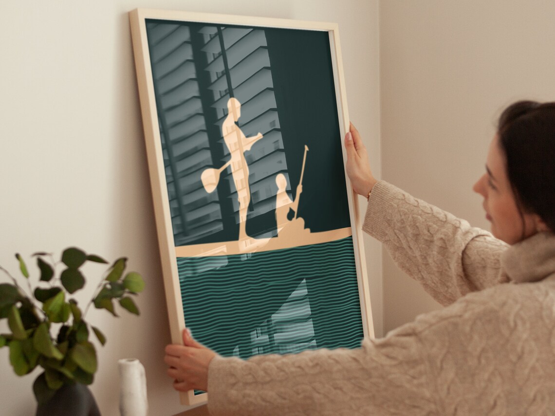 Boho Tandem Paddlers Silhouette Teal Water Minimalist Sports Poster - Image 4