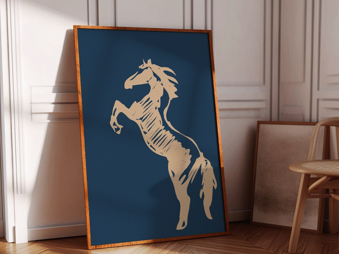 Rearing Horse Sketch Tan Line Art Navy Background Western Poster - Image 2