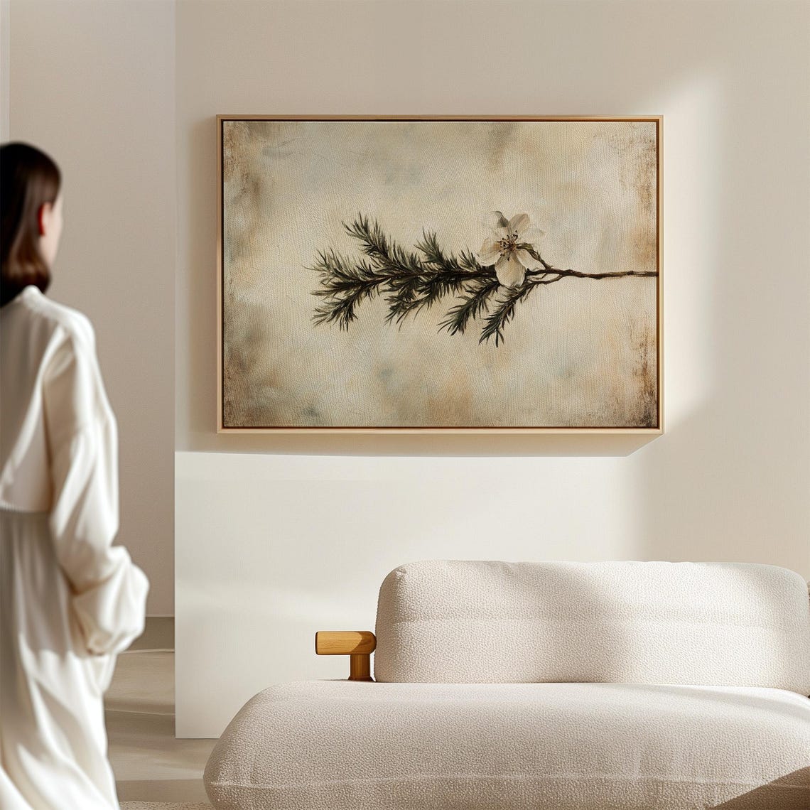 Minimalist Botanical Pine Branch White Blossom Rustic Nature Print - Image 2