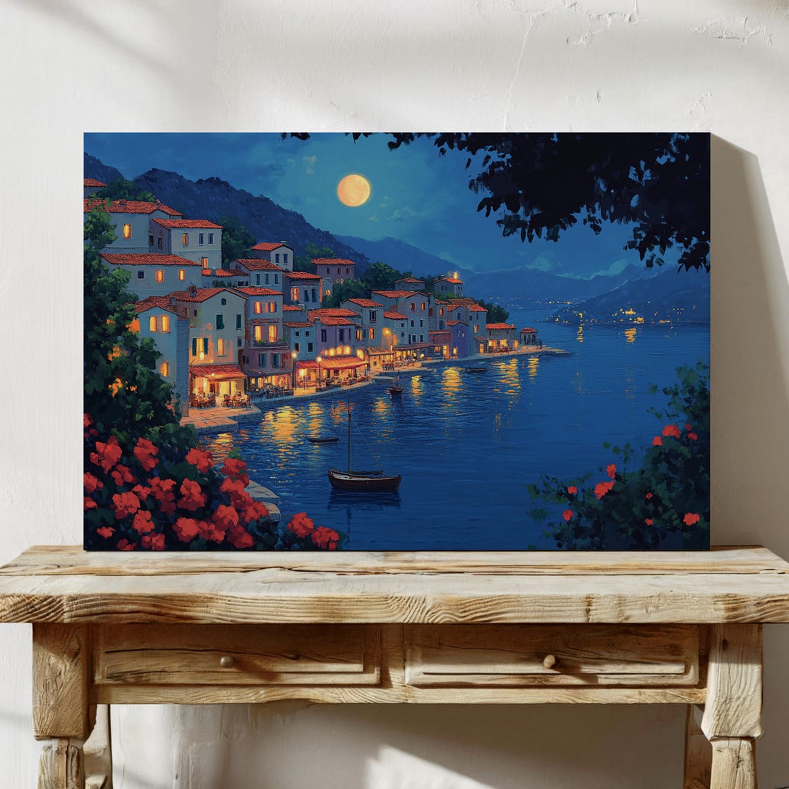 Moonlit Mediterranean Village Coastal Harbor Night Lights Poster - Image 5