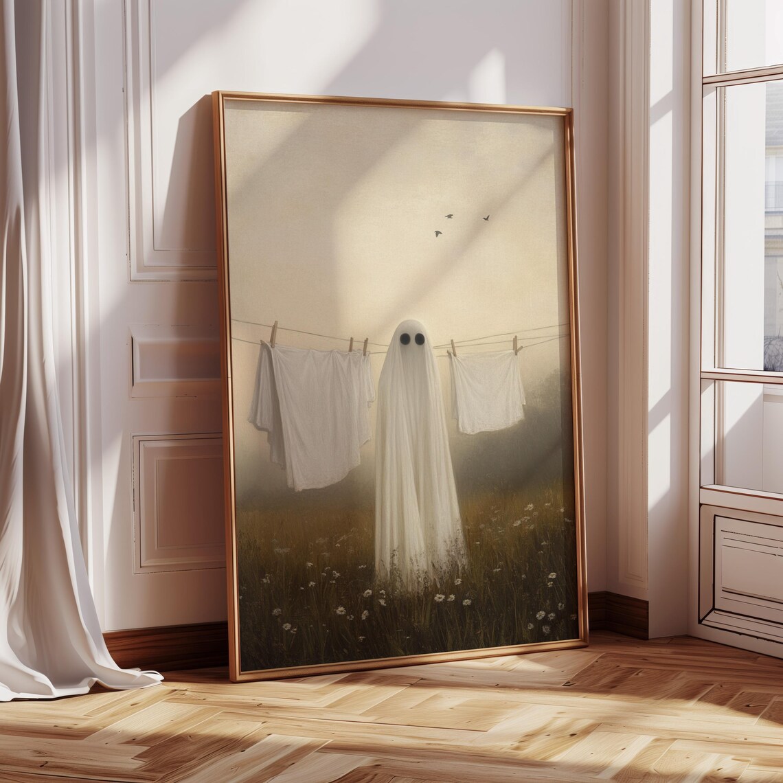 Ghost In Laundry Field, Whimsical Spooky Country Scene