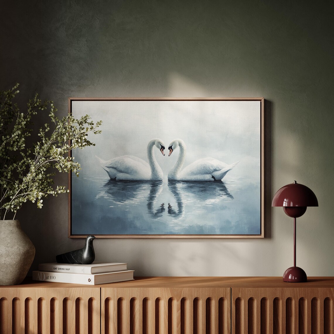 Two Swans Forming Heart Shape Misty Lake Romantic Animal Art Poster - Image 2