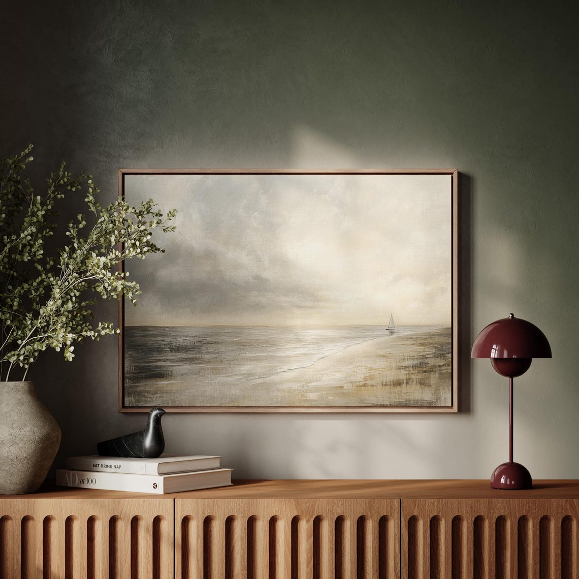 Tiny Sailboat On Vast Hazy Sea Minimalist Atmospheric Coastal Poster - Image 3