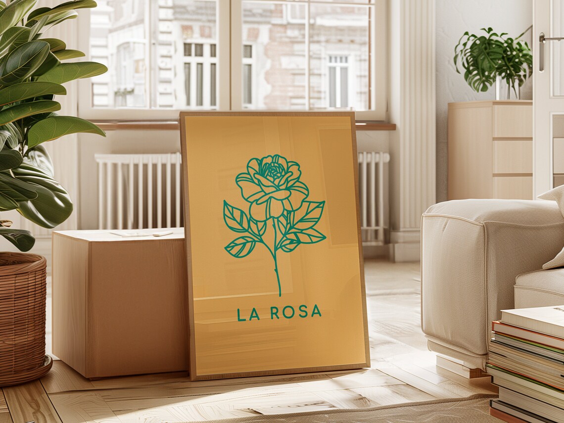 La Rosa Mexican Loteria Rose Line Art Teal Floral Wall Poster - Image 2