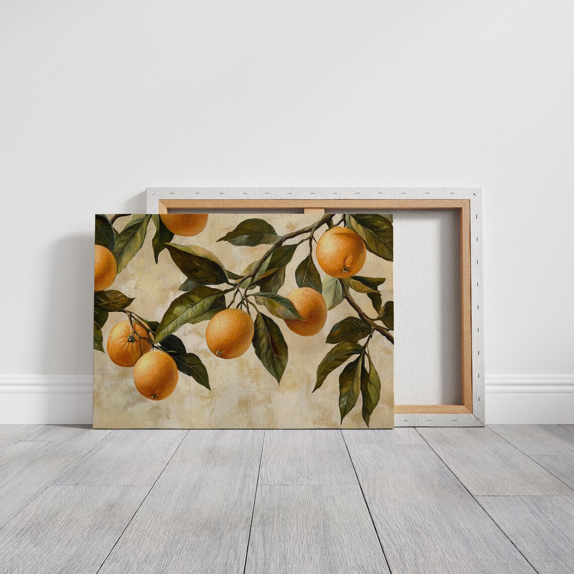 Orange Branch Still Life Green Leaves Textured Beige Nature Art Poster - Image 5