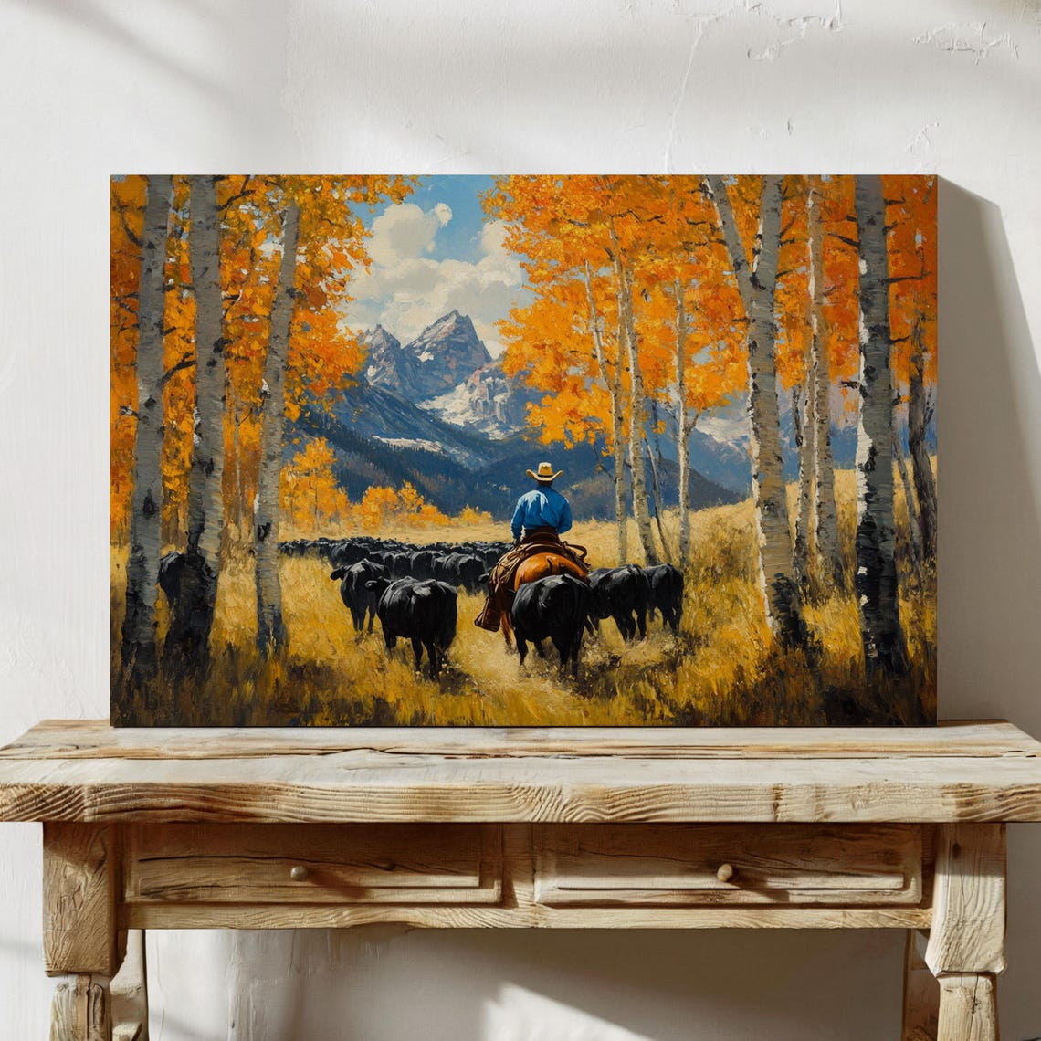 Cowboy Cattle Drive Western Ranch Autumn Aspen Landscape Art Poster - Image 5