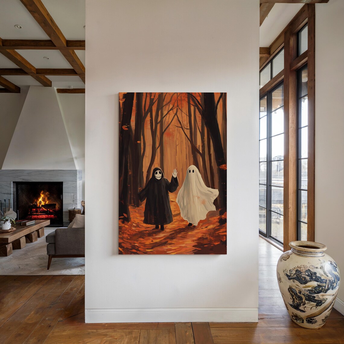 Ghost And Skeleton Friends Strolling In Fiery Autumn Forest Poster - Image 5