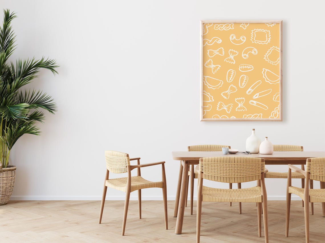 White Pasta Outline Pattern Golden Yellow Modern Kitchen Wall Poster - Image 2