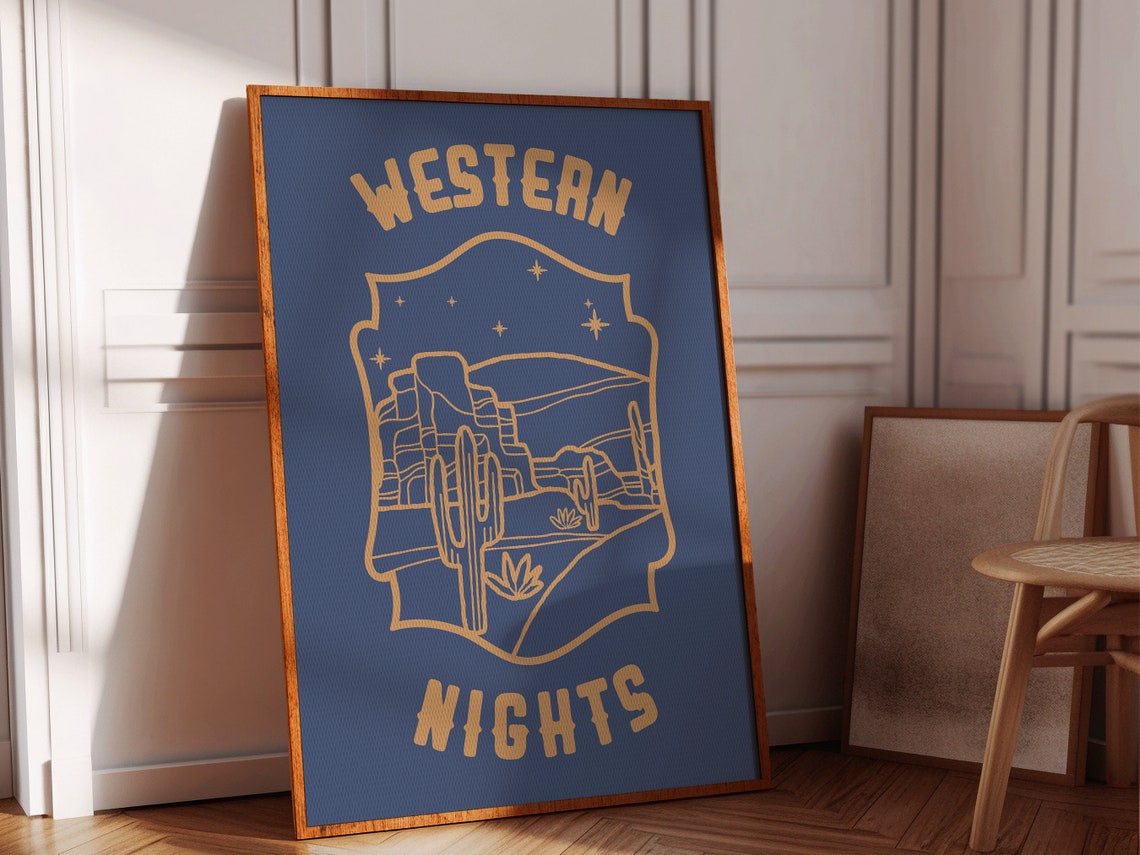 Western Nights Starry Desert Cactus Navy Gold Line Art Poster