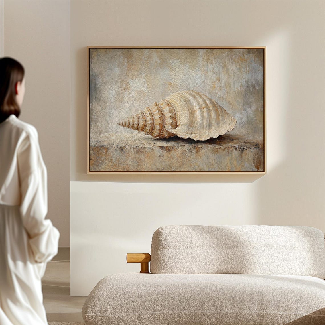 Elegant Conch Seashell Neutral Tones Textured Coastal Art Print - Image 4