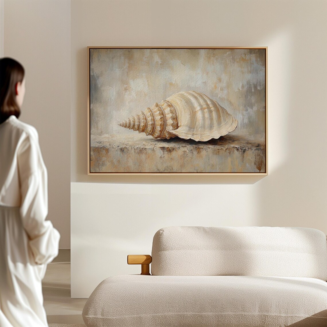 Elegant Oil Painting Of A Spiral Seashell With Neutral Tones On Textured Background - Image 4