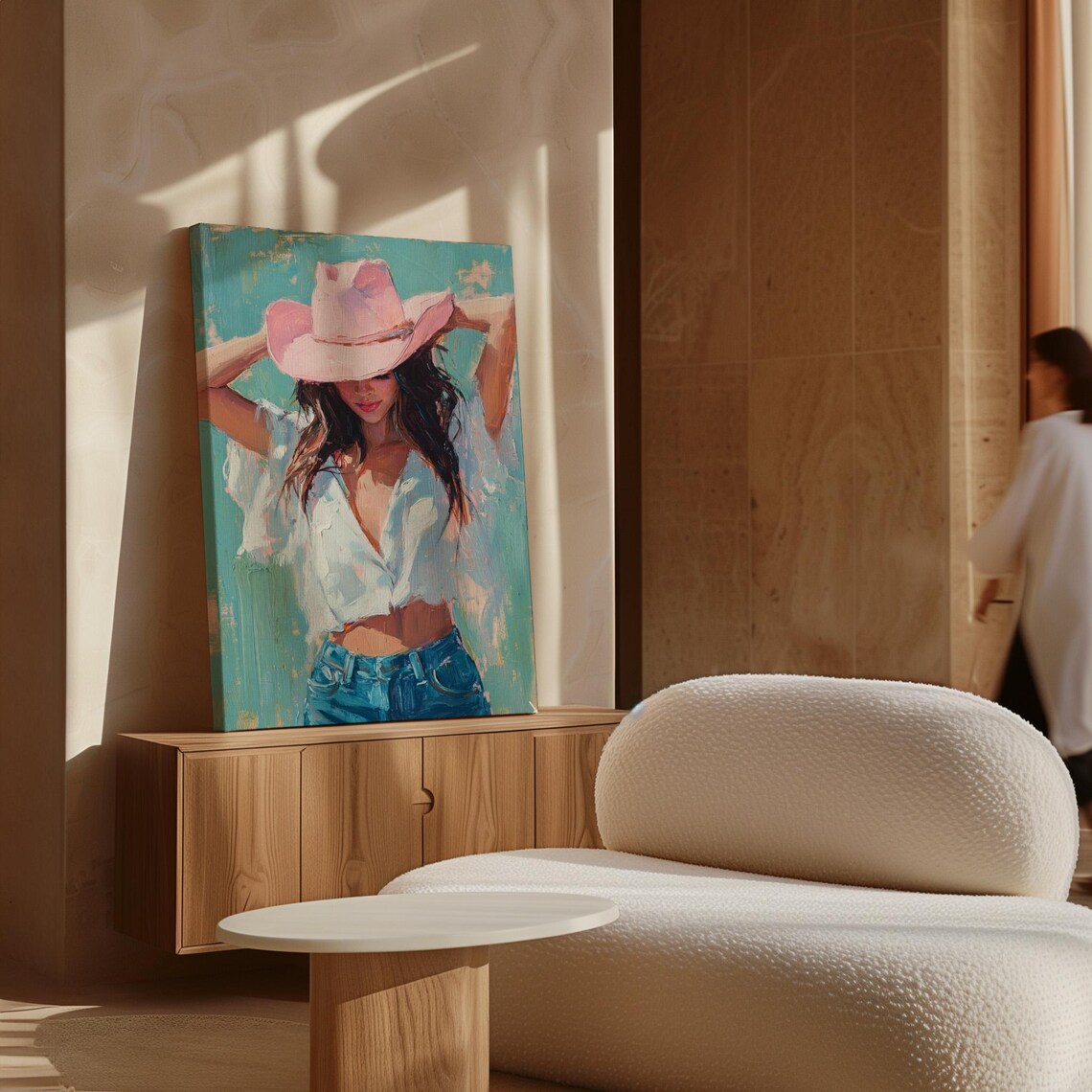Cowgirl Pink Hat White Blouse Denim Western Oil Painting Wall Art - Image 5